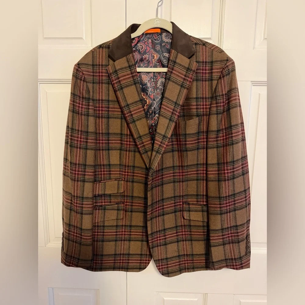 Tallia Men's Slim Fit Tartan Sport Blazer 46R Wool Blend Suede Collar